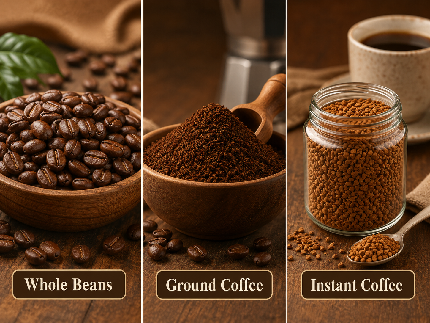 Whole beans ground coffee and instant coffee comparison